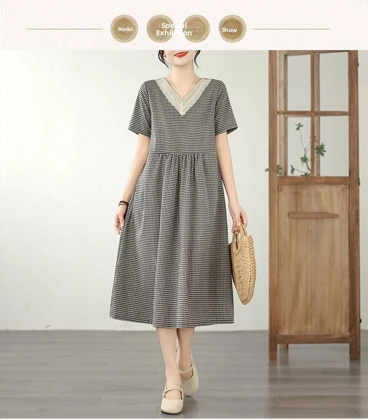 Retro Fashion Casual Plaid Dress Women Summer New V-neck Lace Splicing Loose Slimming Skirt over Knee Cotton Polyester Blend