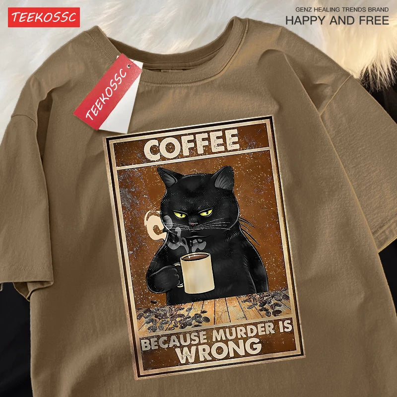 Porque Matar Está Mal Camiseta Unisex Oversize de Algodón Transpirable de Gato Negro Bebiendo Café Ropa Urbana