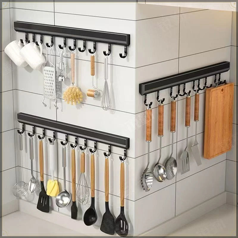 Gancho de cocina sin perforaciones, montaje en pared, organizador de almacenamiento de aluminio, fuerte capacidad de carga, soporte multifuncional para utensilios de cocina