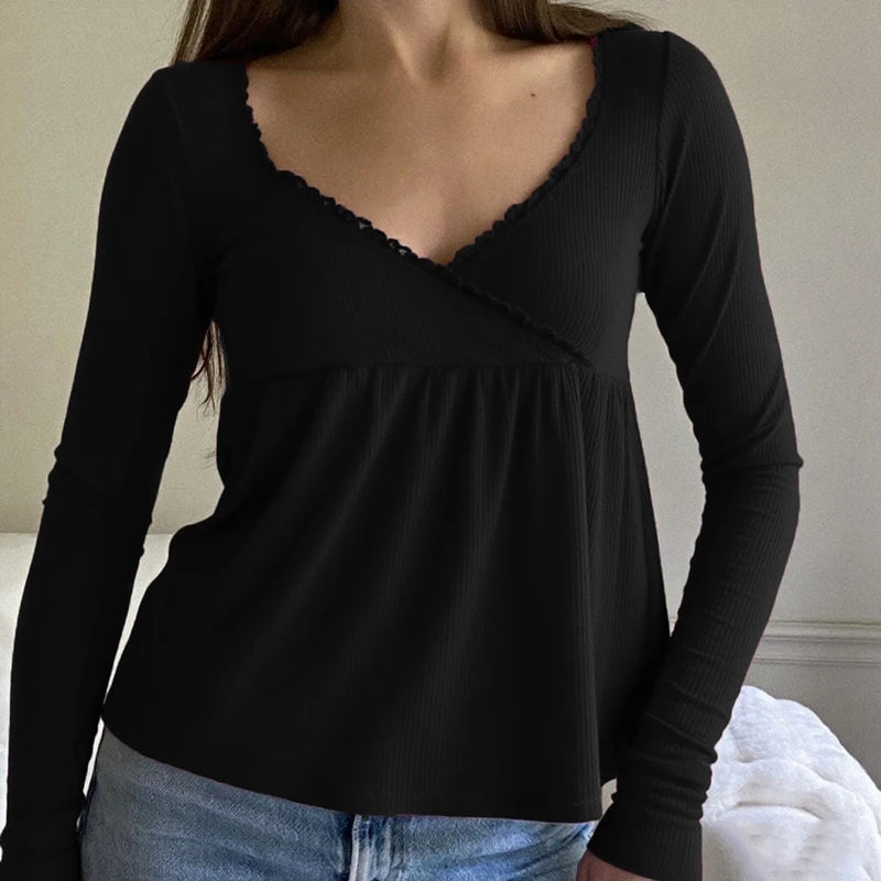 Maemukilabe Women's V-Neck Long Sleeve T-Shirt - Vintage Y2k Style