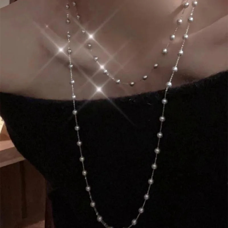 Elegant Double-layer Simulated Pearl Chain Necklaces Women Exquisite Bikini Dress Necklace Beach Jewelry Dinner Party Gift K-