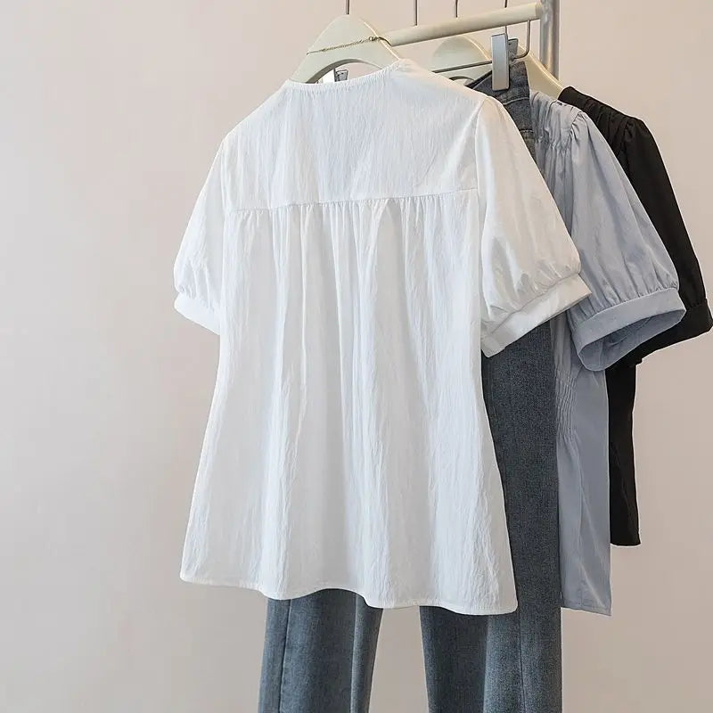 200 Pounds Plus Size Elastic Waist Office Lady Trend Shirt And Blouse Solid Color Top Women Clothing V-neck French Chic Basics