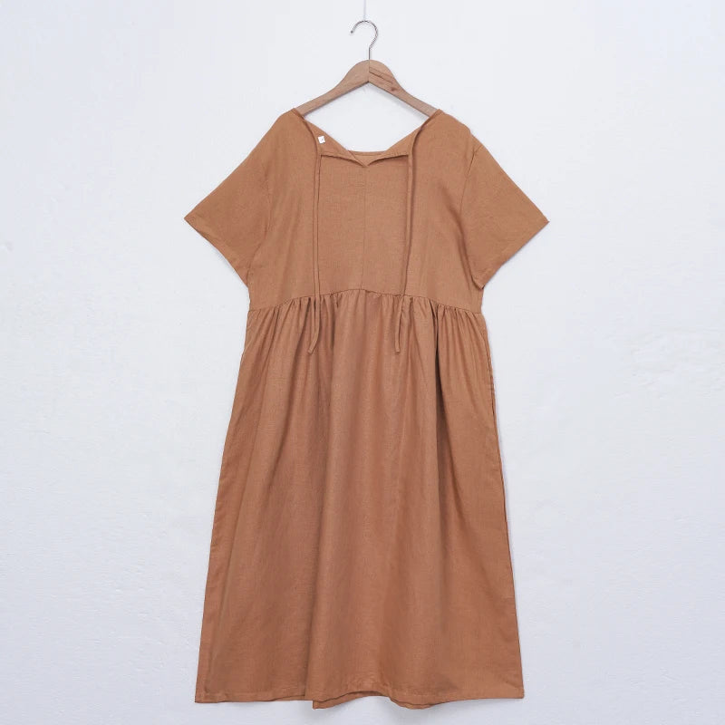 Women Cotton Linen Midi Dresses Summer Chic Female Vestidos Loose A-Line Dress Short Puffy Sleeve Casual Sundress