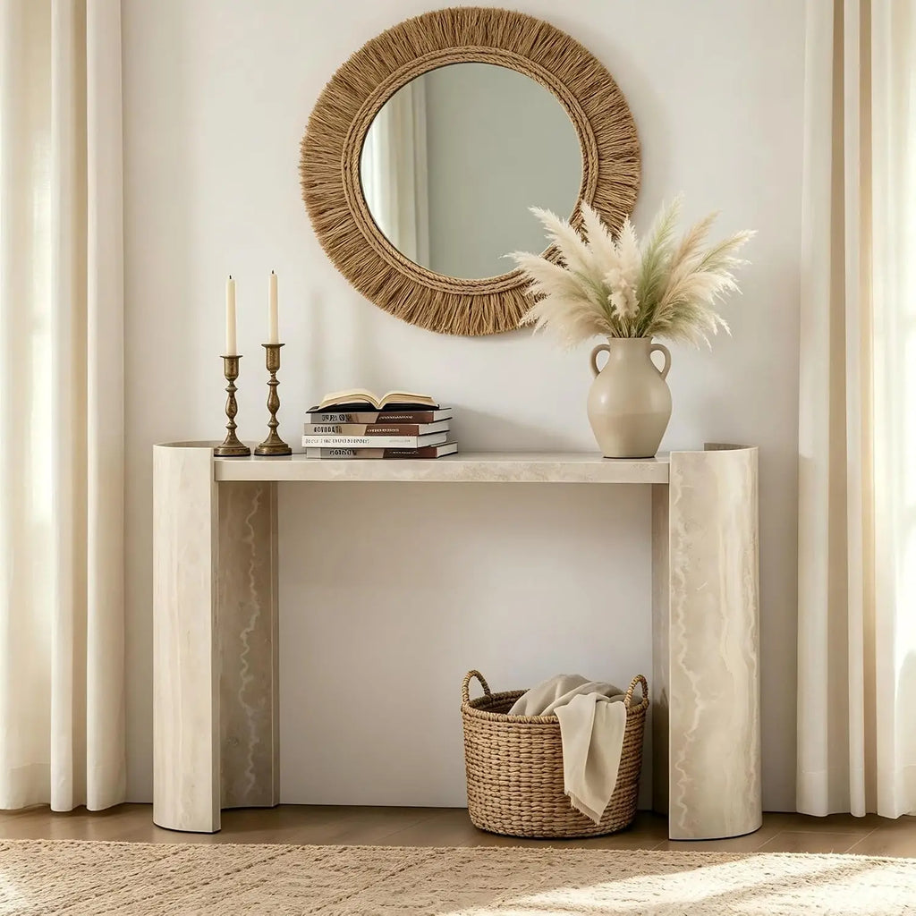 Modern Console Table Entryway Living Room Hallway Sofa Behind Wooden Faux Marble Pattern Beige W53.15", Customized