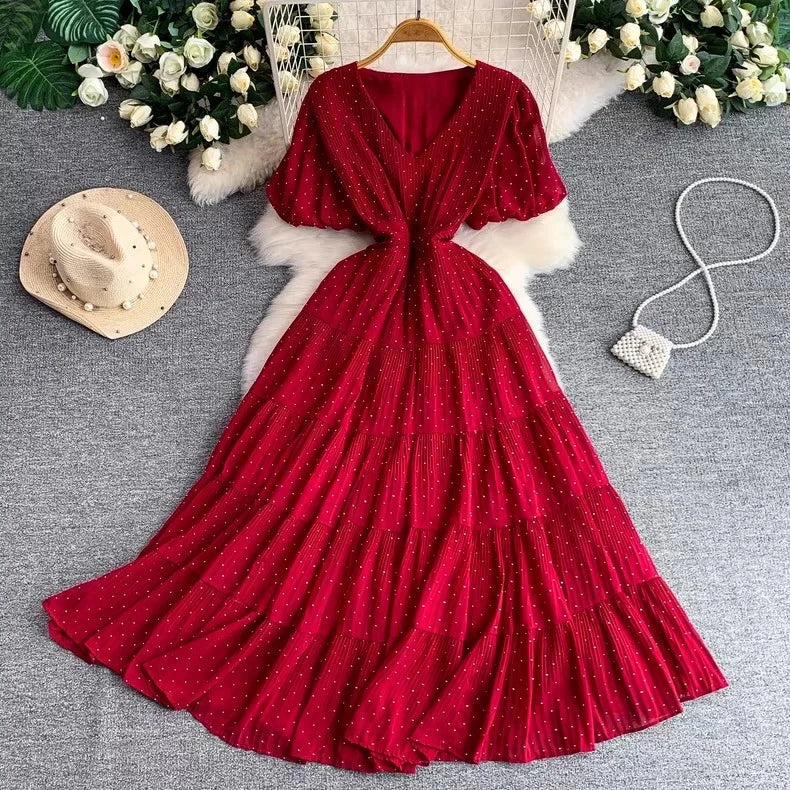 Summer Polka Dot Woman Elegant Dress Fashion V Neck Puff Sleeve Vestidos Korean A-Line Pleated Dresses 2026 Vestidos De Mujer