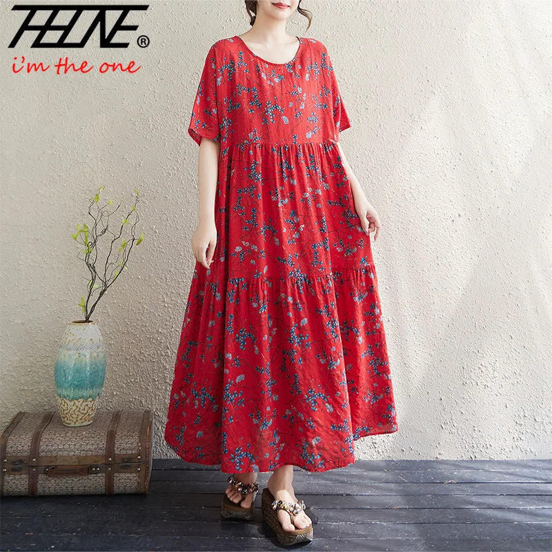 THHONE Vestido Feminino Summer Dresses for Women 2025 Bohemian Holiday Floral O Neck Short Sleeve Casual Print Women's Clothes