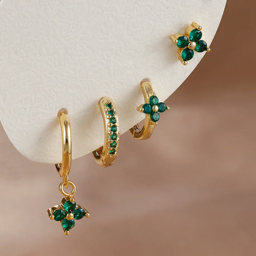Cubic Zirconia Flower Hoop Earrings 4 Piece Set 18K Gold Plated Stainless Steel For Women