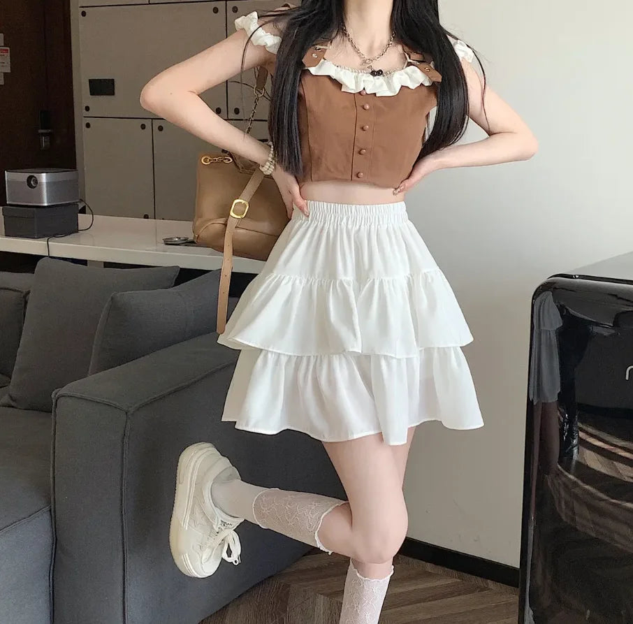 Ruffled Cake Skirts for Women High-waisted A-line Solid All-match Sweet Lovely Girls Korean Style Gentle Spring Kawaii Casual