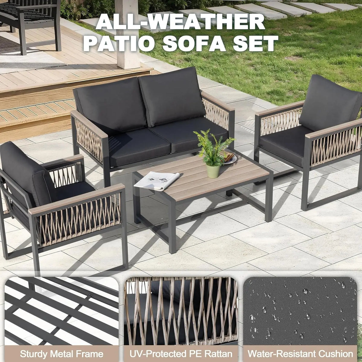 4 Pieces Outdoor Patio Furniture Set, 4 Seats Sectional with Coffee Table, All Weather Wicker Patio Conversation Sets, Custom