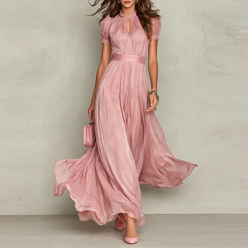 Elegant Chiffon Lace Trim Midi Dress Stand Collar Neck Puff Sleeve Cinched Waist Draped A Line Flowy Women's Casual Dresses