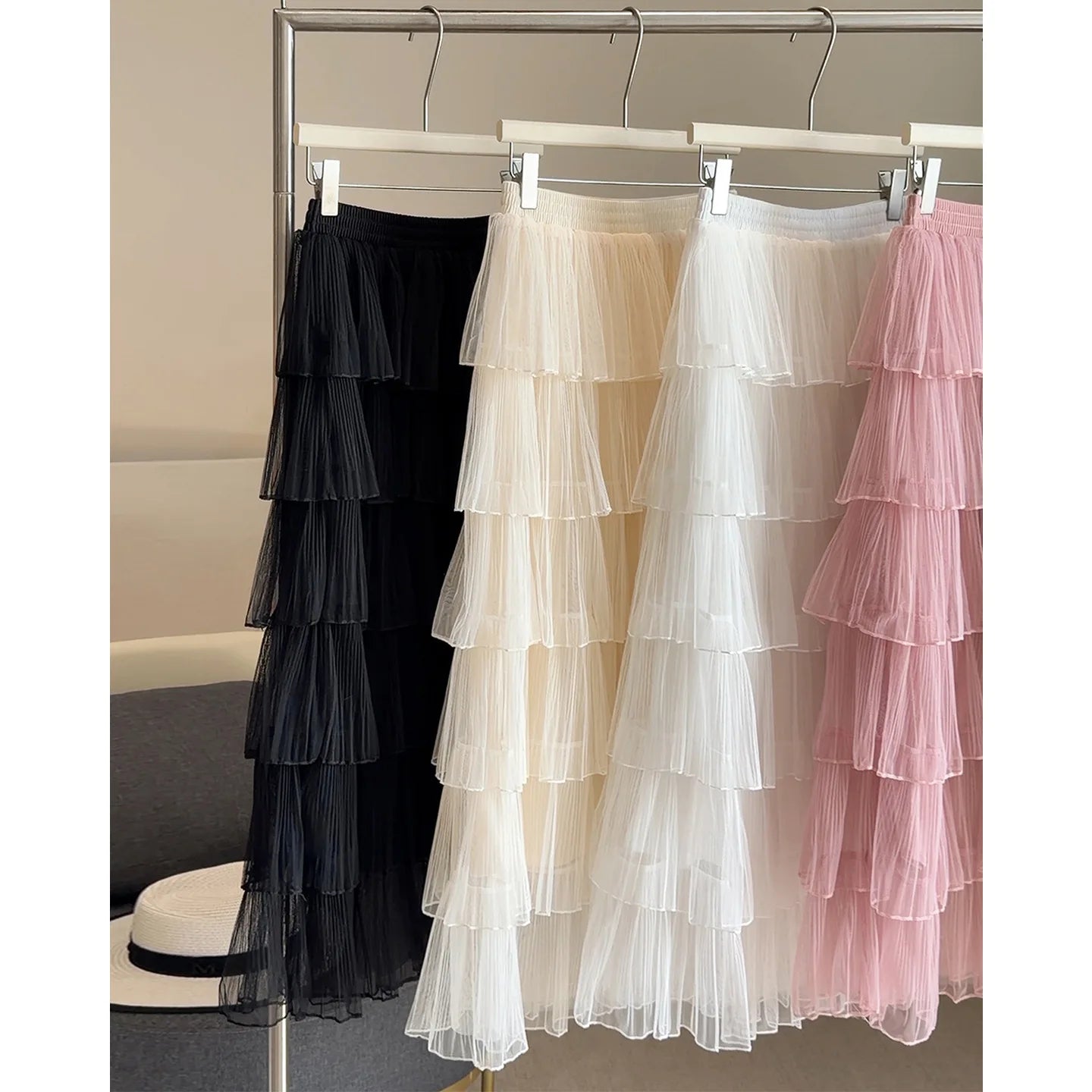Seoulish Korean Style Layered Mesh Cake Midi Skirt 2026 Spring Women High Waist Elegant Tulle Skirt Female Long Skirts Party