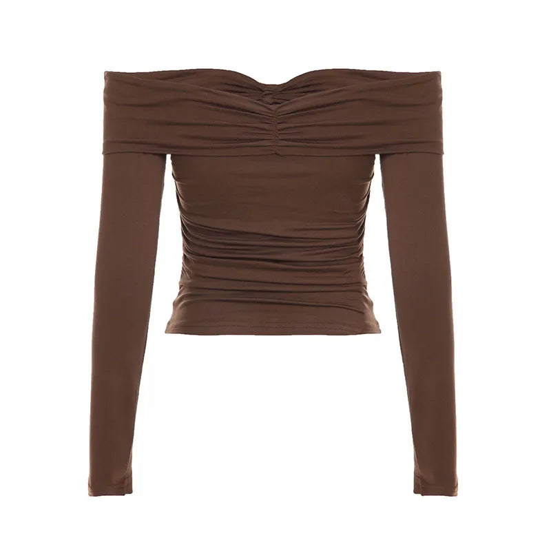Sexy Off-the-shoulder Pleated V-neck T-shirt Women's Slim-fit Solid-color Top with Metal Buttons