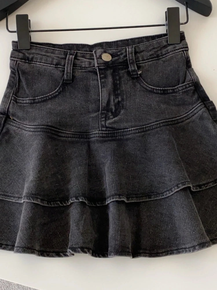 Korean Fashion Preppy Style Denim Skirt Women Slim High Waist Ruffled Layered Hem Vintage Slim Fit Mini Skirt Casual Y2K Clothes