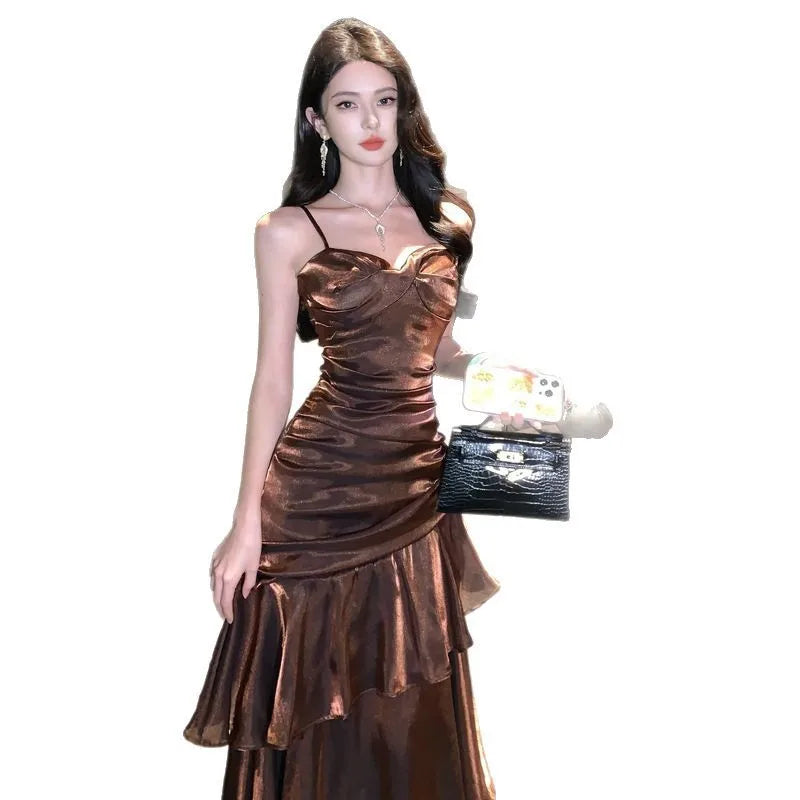 Premium Light Luxury Niche Bar Mitzvah Birthday Party Dress Dress Retro Vacation Ruffle Edge Suspender Dress