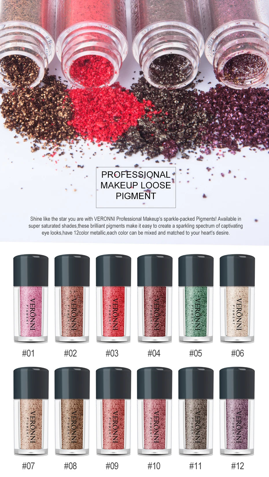 VERONNI 12-Color Diamond Mermaid Glitter Loose Powder –Compact & Portable, One-Swipe Sparkle,Fine Shimmer Texture, Spring/Summer