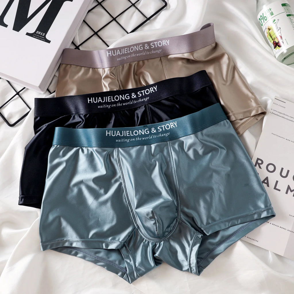 1/3Pcs Breathable Thin Satin Silk Boxer Briefs Seamless Mid Waist Ice Silk Boxers Underpants Smooth Underwear For Men Daily