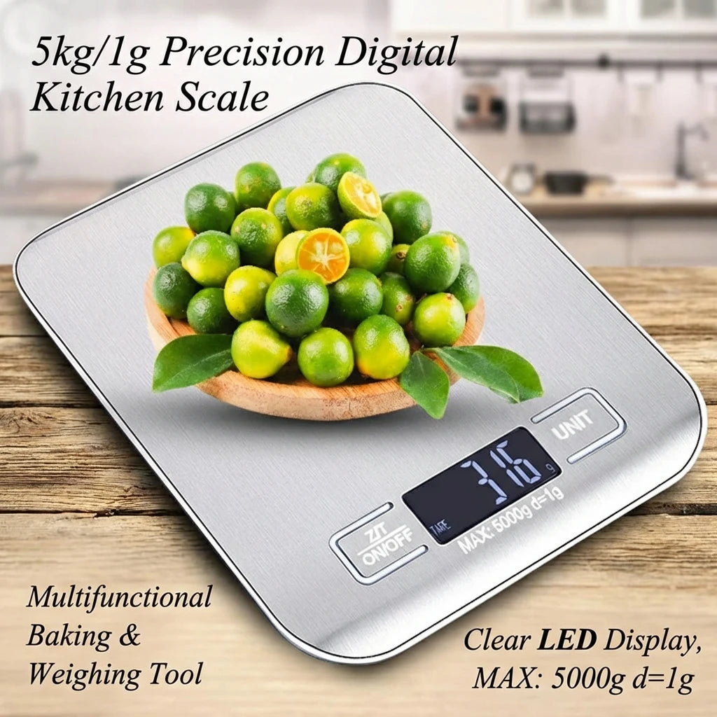 Báscula digital de cocina con pantalla LED de 5 kg/1 g, de acero inoxidable, electrónica, para alimentos, joyas, aperitivos, repostería, herramientas para el hogar