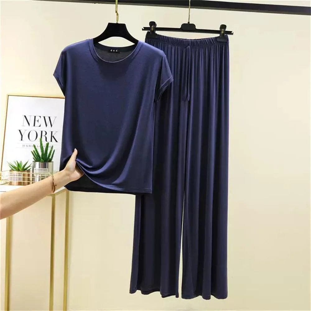 Women's Modal Pajama Set - Short Sleeve T-Shirt and Wide Leg Pants