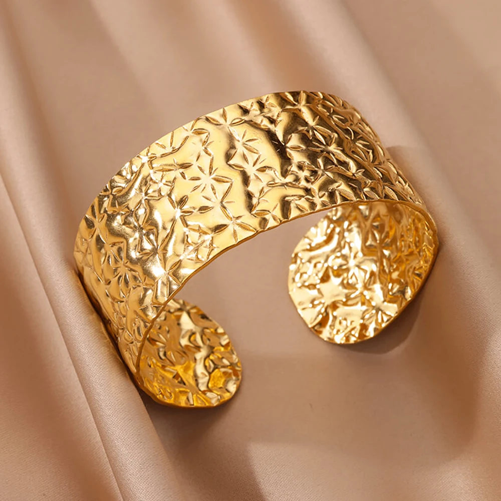 Stainless Steel Wide Bangles For Women'S Luxury Gold Color Chunky Flower Cuff Bangle Bracelet Femme Vintage Wedding Jewelry Gifts