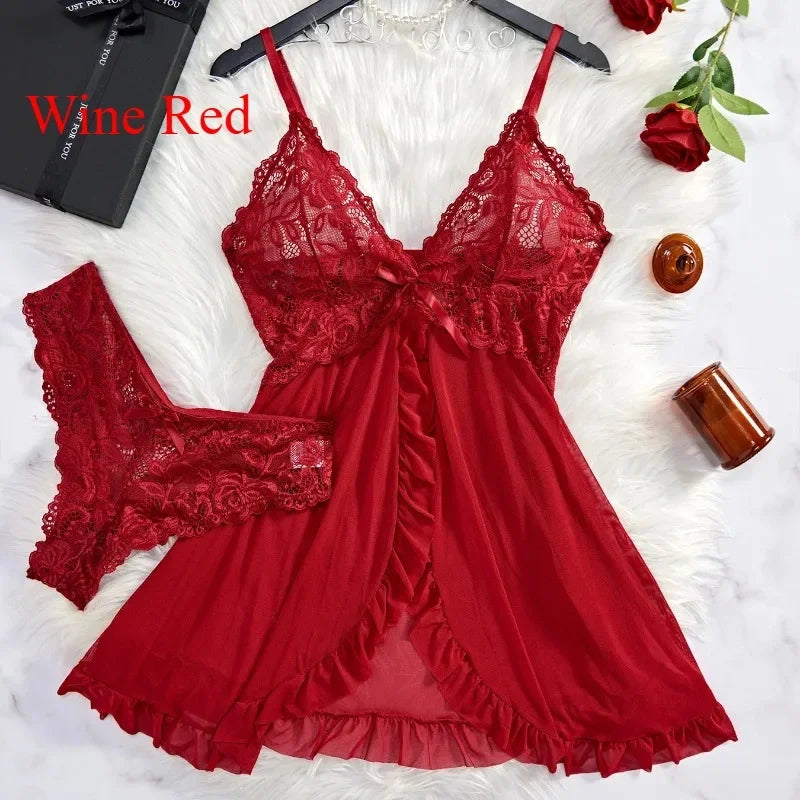 Women's Lace Sleepwear Set – Soft V Neck Nightdress & Slip Dress