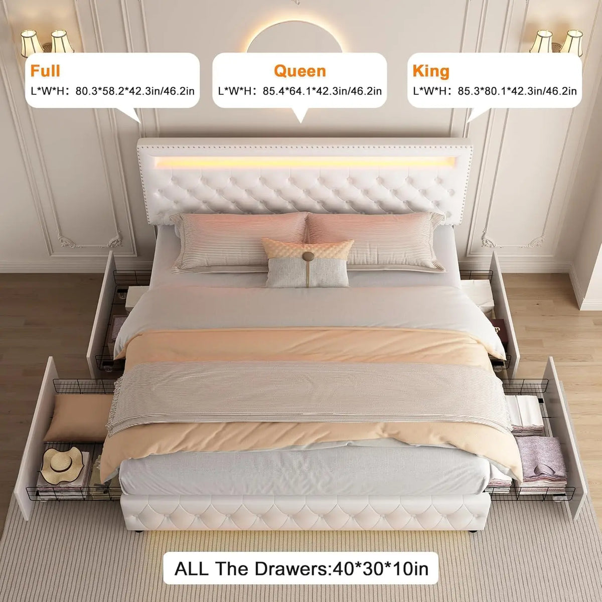 Bed Frame, Adjustable LED Headboard, Remote & App Control Lights,Plush Upholstered Platform with Silver Nailhead Trim,Customized