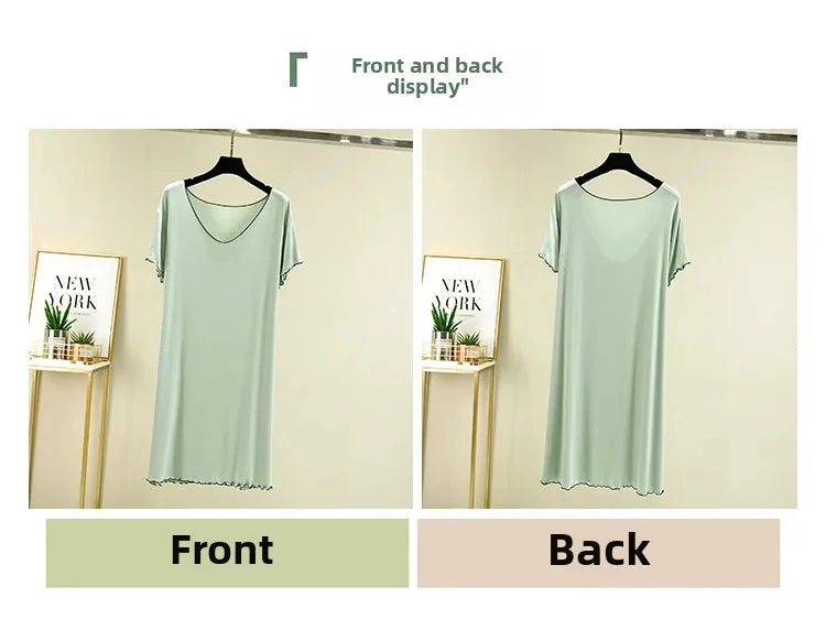 Loose Casual Modal Short Sleeve Dress V-Neck Base Skirt Thin Summer Floral Edge Sleep Dress Versatile Summer Dress