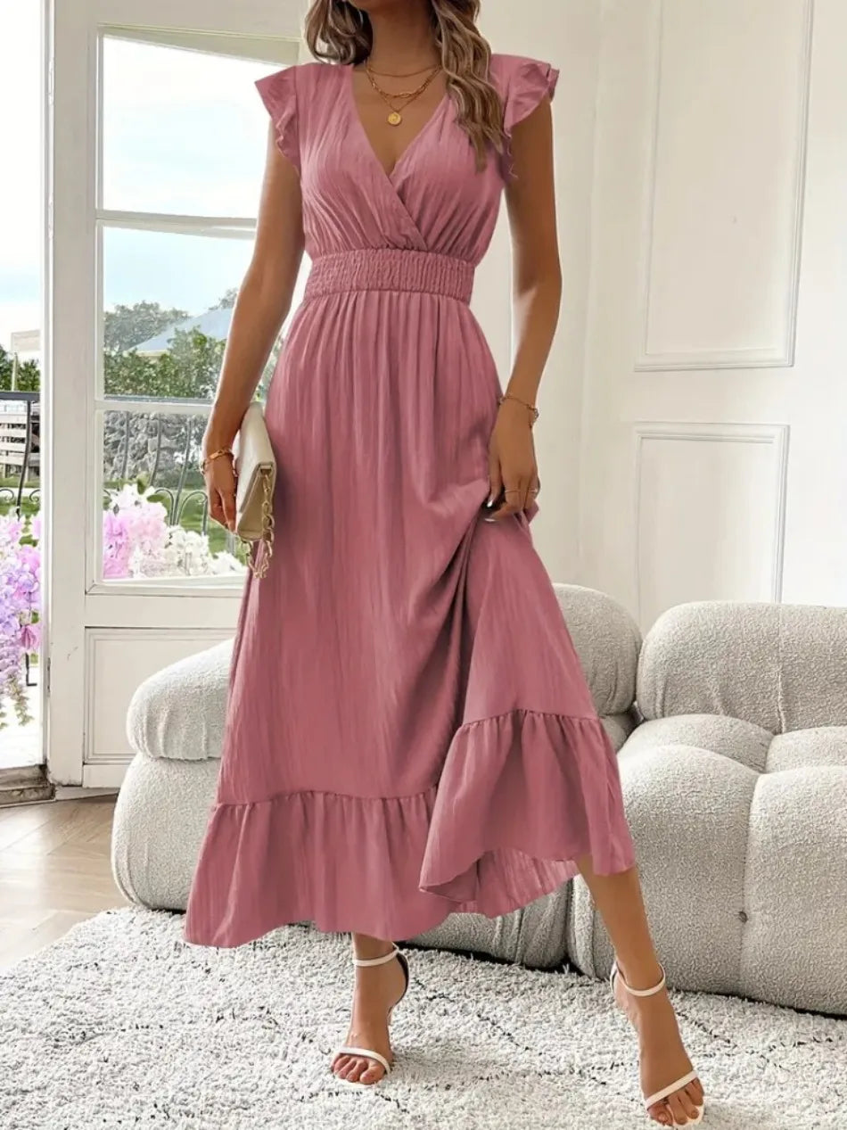New in Summer Women 's Long Dresses V Neck Solid Color Elastic Waist Gown Office Lady Ruffles Wrinkle Design Casual A Line Dress