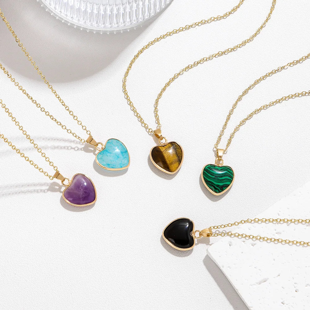 1pc Heart Shaped Pendant Natural Tiger's Eye Quartz Gem Necklace Reiki Healing Accessories Valentine's Day Gift For Woman