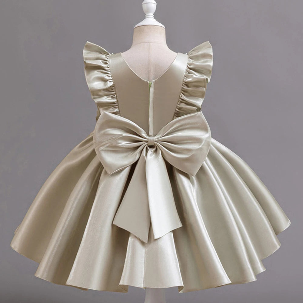 HETISO 1-6 Years Girl Princess Dress Ruffle Sleeve Kids Puffy Satin Dresses Children's Ball Gown for Birthday Holiday New Year