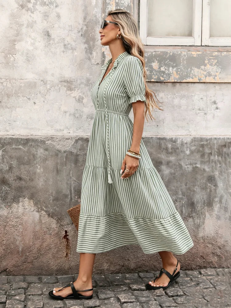 Bohemia Tassel Bandage Striped Summer Dress Women Elegant V-neck Puff Sleeve Elastic Waist Midi Dress Female Holiday Beach Dress