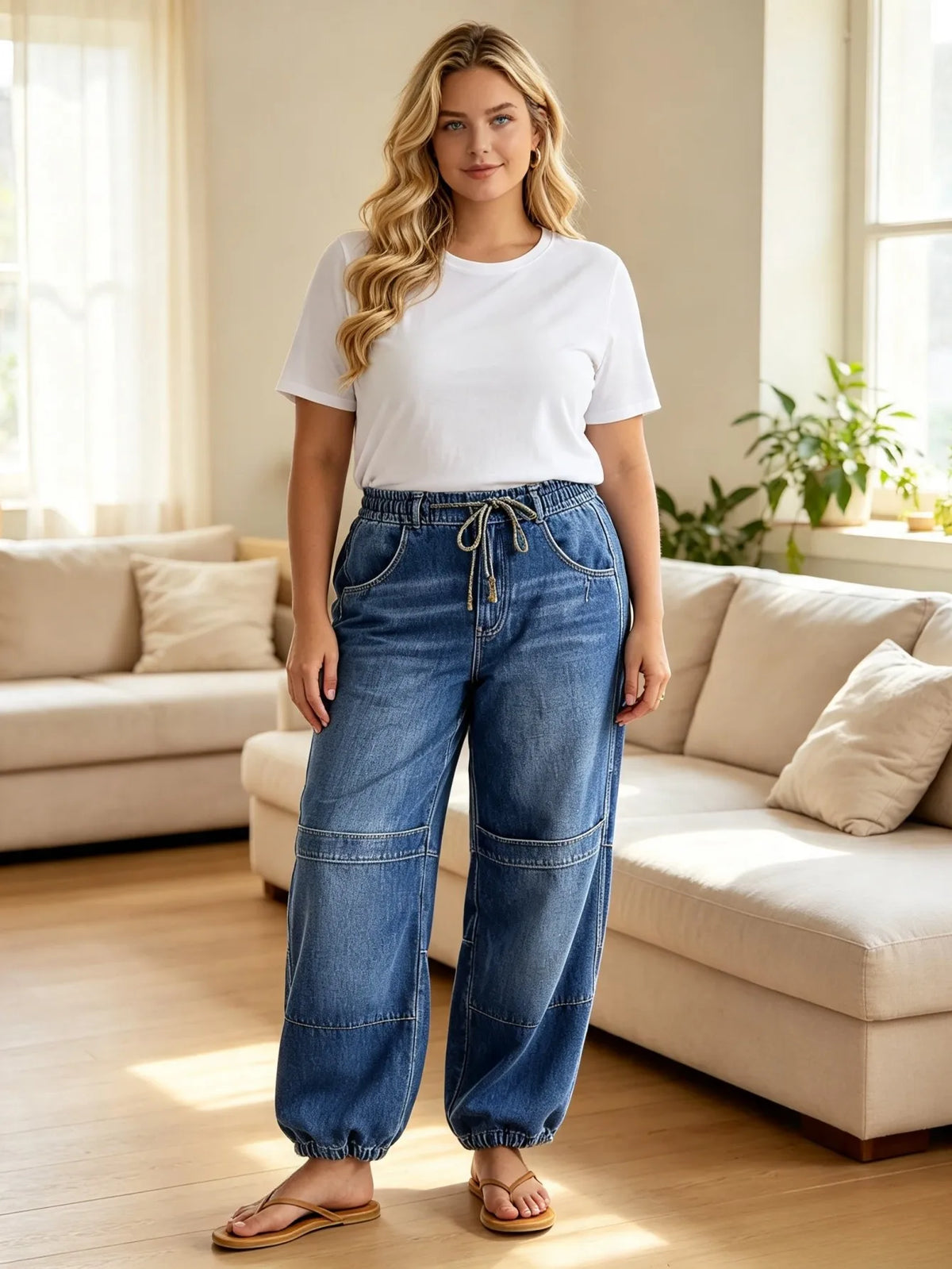 【HME】Jeans | Women Boho Drawstring Denim Pants, Elastic Waist Jogger Denim Jeans, Horizontal Stitch Panel Design, Medium Vintage Wash, Relaxed Baggy Pants For Vacation Daily Casual Wear