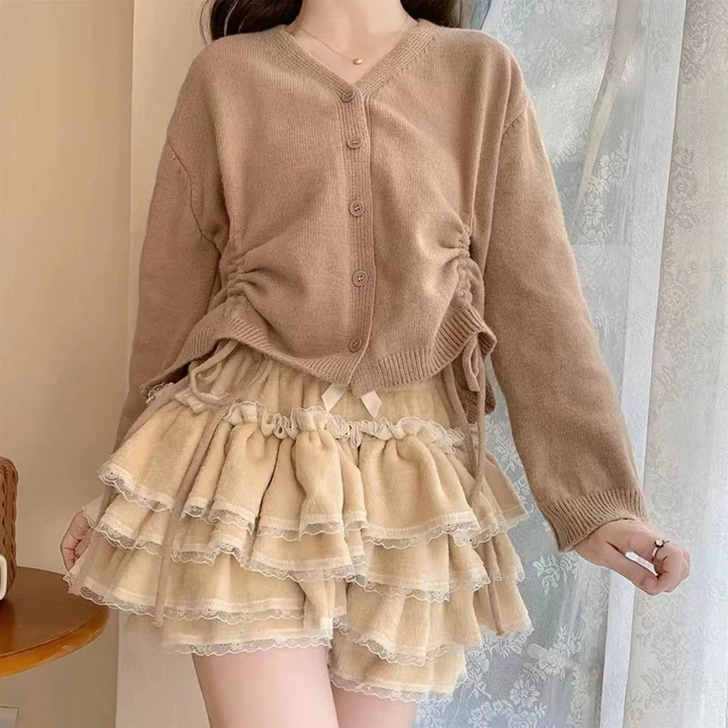 Autumn Winter Warm Lolita Safety Short Pants Women Sweet Chic Plush Bloomers Japanese Y2k Lace Bow Knickers Harajuku Cute Shorts