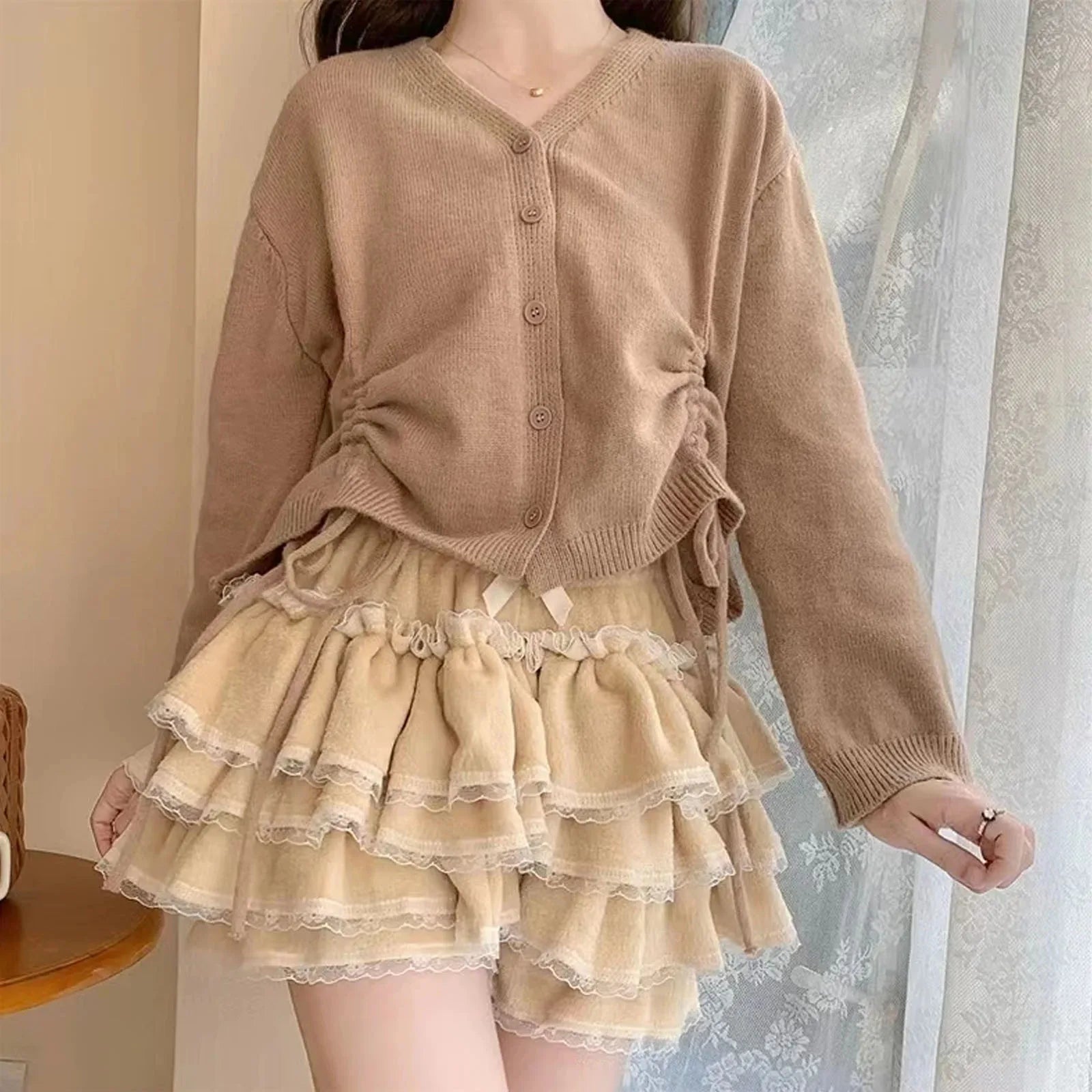 Autumn Winter Warm Lolita Safety Short Pants Women Sweet Chic Plush Bloomers Japanese Y2k Lace Bow Knickers Harajuku Cute Shorts