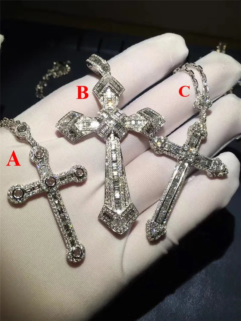 Vintage Big Cross Pendant Lab Diamond 925 Sterling Silver Cross Pendant Necklace For Women'S Men Wedding Jewelry