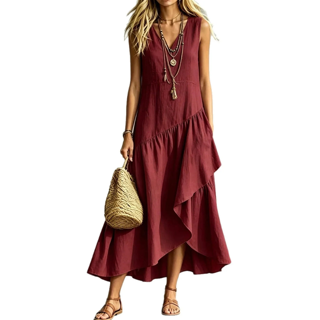 Summer 2026 New Arrival French Style Sleeveless V-Neck Asymmetrical Long Dress with Ruffle Hem Elegant Casual Tourist Wear