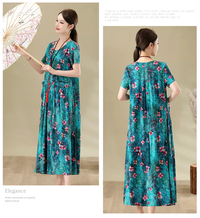 New Fashion Casual Summer Dresses For Women 2026 Loose Plus Size Clothes Elegant printting O-neck Short Sleeve Woman Clothing