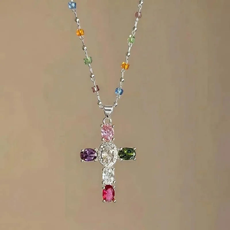 Fashion Colorful Zircon Cross Pendant Necklace For Women Stainless Steel Silver Color Charm Religious Necklaces Jewelry