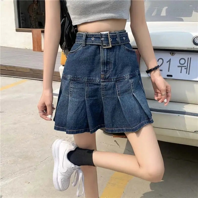 Spicy Girl Denim Half Skirt Women's Summer 2026 INS New Korean Retro High Waist Slim A-Line Pleated Short Skirt Trendy