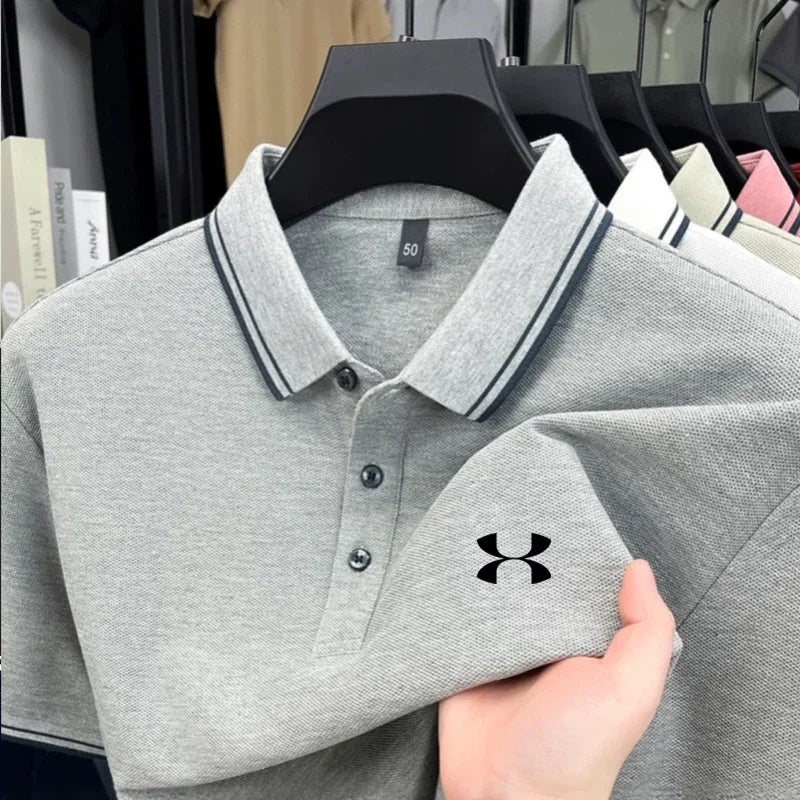 Men's Casual Short Sleeve Polo Shirt - 100% Cotton Striped Top