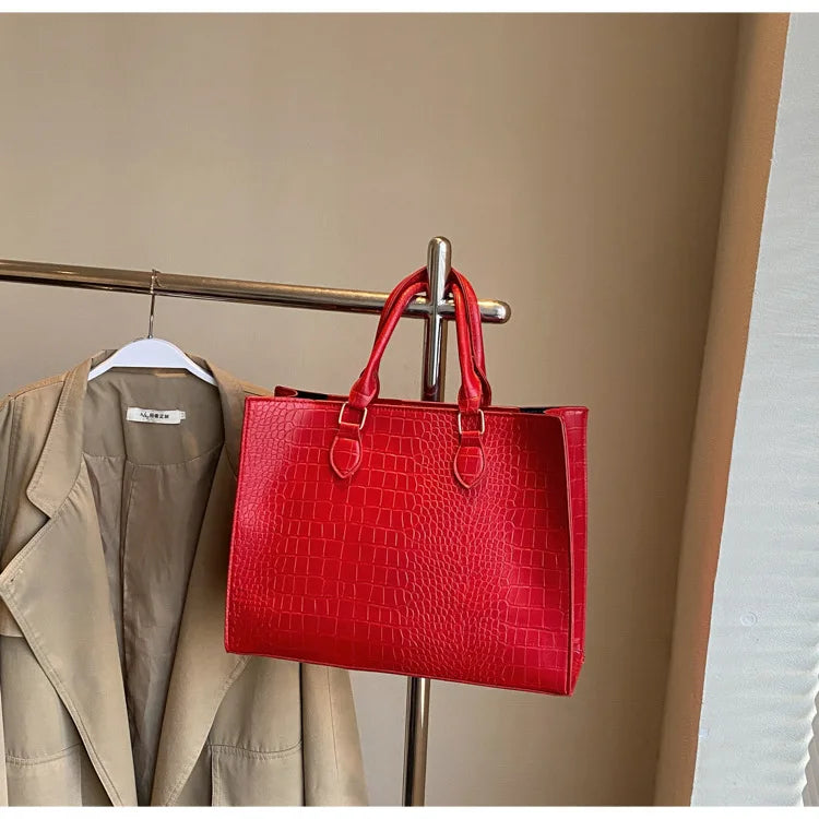 Spring 2025 Large Capacity Fashionable Handbag Casual Commuting Trendy Crocodile Pattern Tote Bag Street Style PU Material