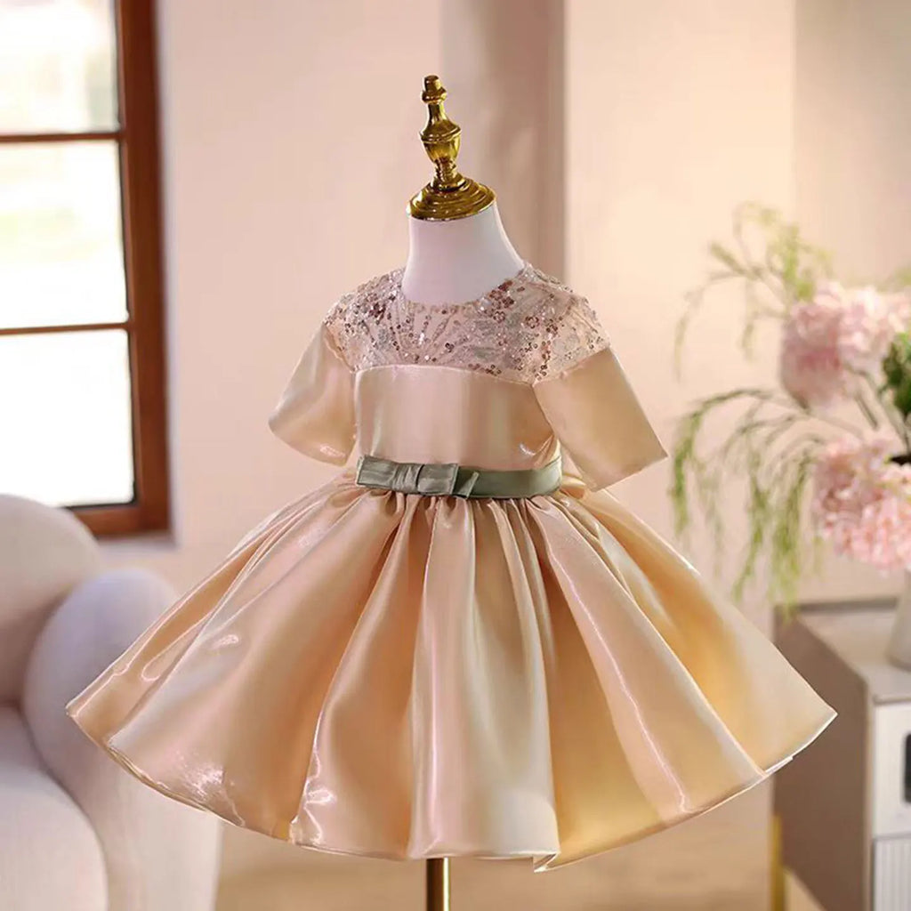 Dreamy Vow D035 Shiny O-Neck Beading Tulle Pink Flower Girl Dress Short Sleeves for Kids Wedding Birthday Party Short Ball Gown