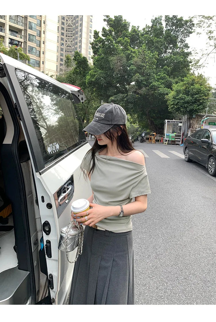 Slim Fit Short Sleeve T-Shirt Women Summer New Style Shoulder Bared Neckline Gathered Waist Elastic Band Casual Style Top