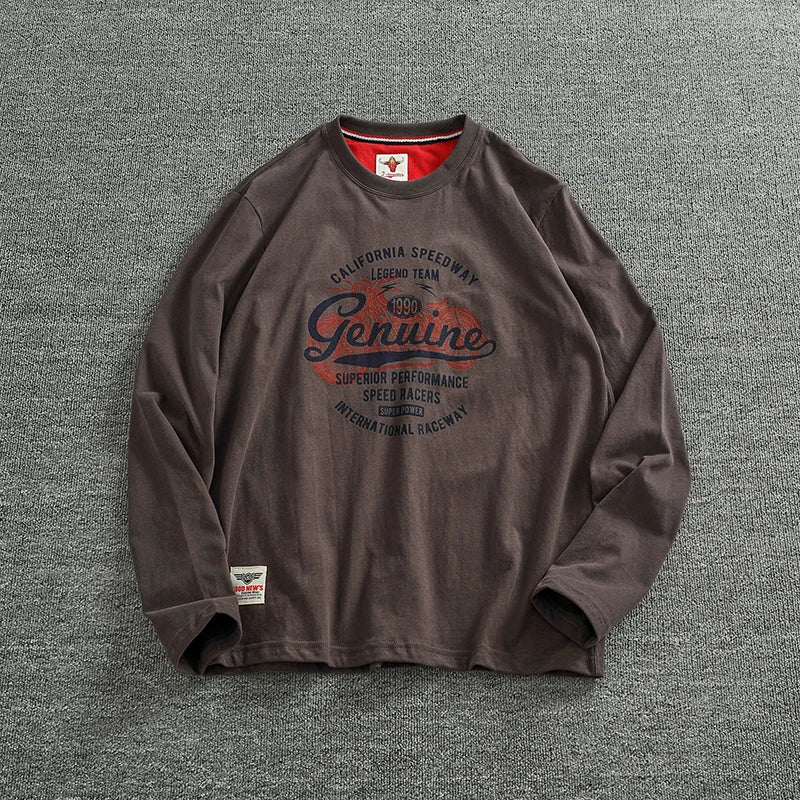 Autumn New American Retro Long Sleeve O-Neck Letter Motorcycle Print T-Shirt Men'S Fashion 100% Cotton Washed Casual Sport Tops