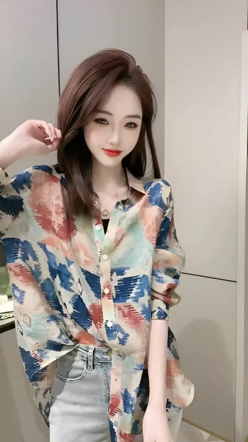 Spring 2026 Floral Print Loose Long Sleeve Women's Shirt Fashionable Versatile Korean Style Commute Polonaise Polyester Fiber
