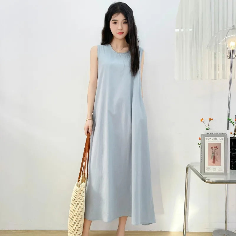 Korean Fashion Women Dress Casual Round Neck Loose Solid Color Casual Big Swing Sleeveless Long Linen Lazy Style Vestidos