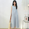 Korean Fashion Women Dress Casual Round Neck Loose Solid Color Casual Big Swing Sleeveless Long Linen Lazy Style Vestidos