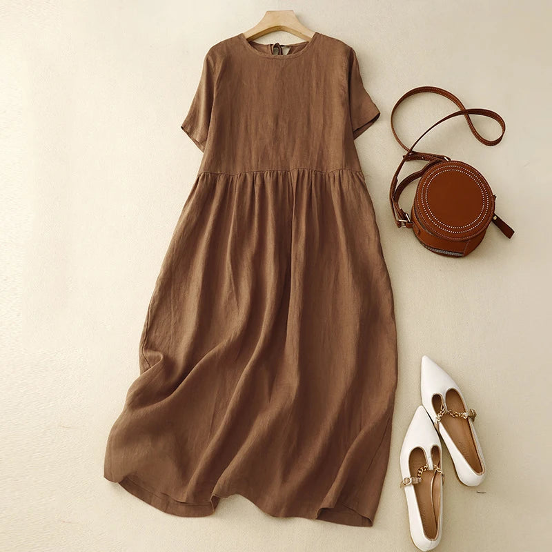 Korean Style Summer Fashion Solid Color Simple Basic Cotton Linen Dress for Women Good Quality Half Sleeve Elegant Frock Female