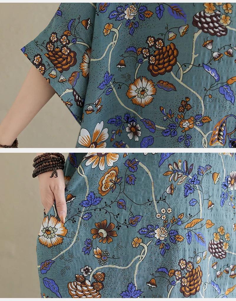 Summer Fashion Print Short Sleeve Dress V-Neck Conceal Hip Large Size Women's Dress Retro Commute Style Cotton Long Dress