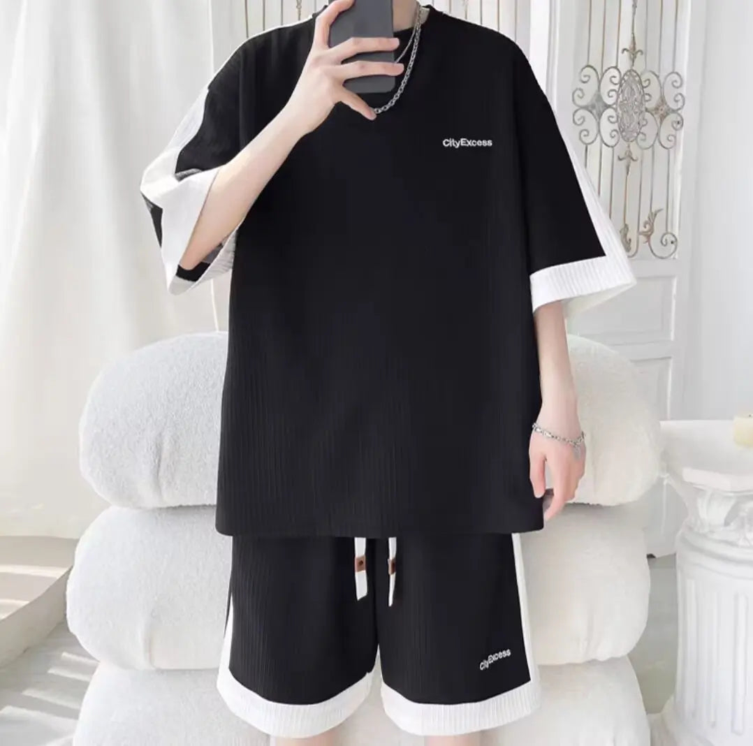 Summer Men'S Large Suit S-6Xl New Trendy Two Piece Set Korean High Street Fashion T-Shirt Shorts Tracksuits Designer Clothes Men