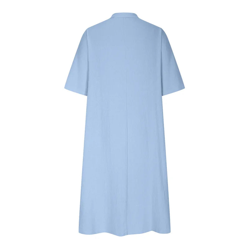 New Solid Color Cotton Linen Comfortable Casual Dresses Women Half Sleeve Loose Dress Gown Female Double Pocket Patchwork Frock